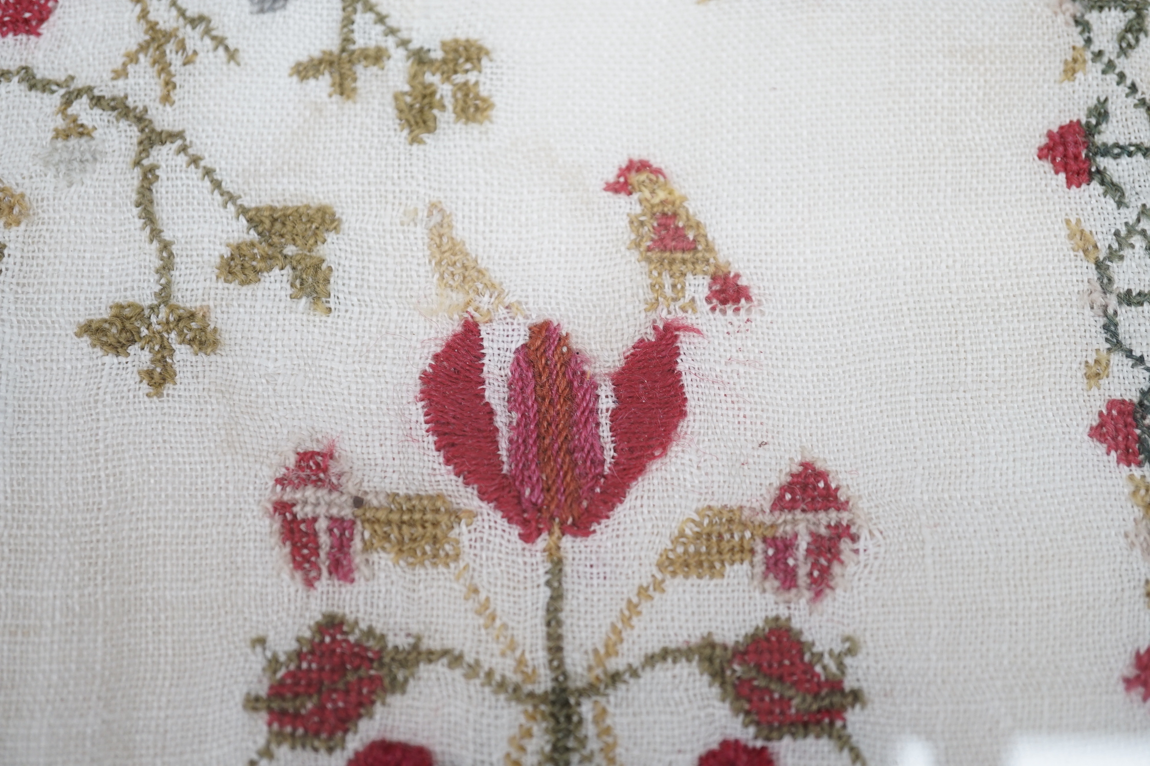 A framed 19th century sampler, 44cm sq excl frame